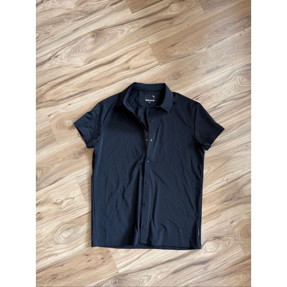 Stone Falcon Mens Navy Black Short Sleeve Snap Button Down Shirt Size Medium